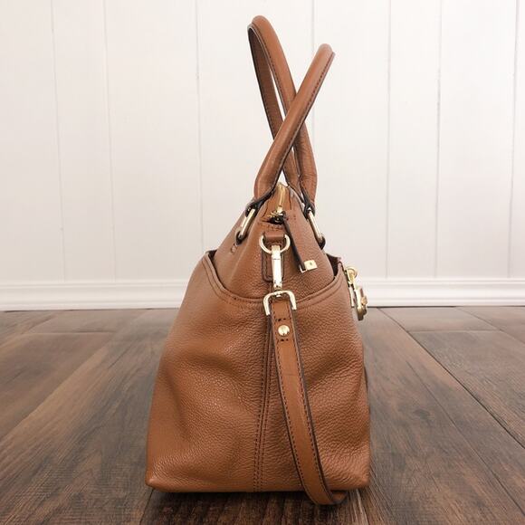 Calvin Klein Pebbled Leather Satchel Bag Dual Handle Exterior Pockets Brown Gold - Picture 5 of 16